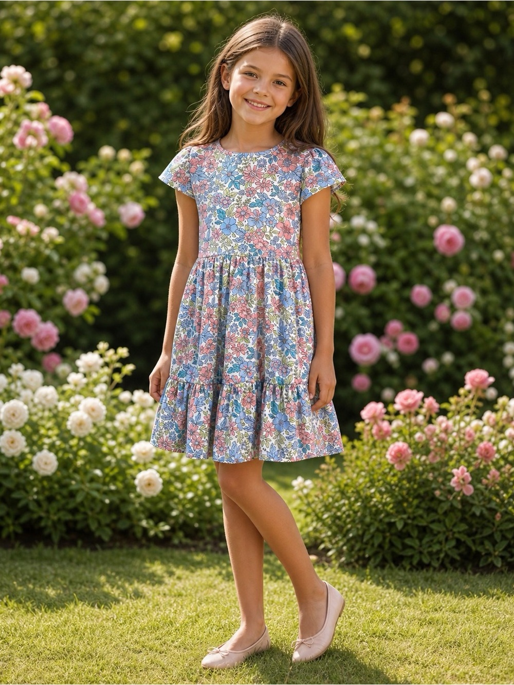 Girl’s Floral Short Sleeve Dress in Pink & Blue, 8( girl)
